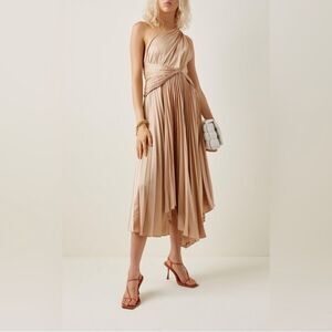 $450‎ ACLER  Kalora Pleated Midi Dress - Gold size 8